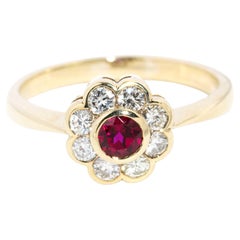Vintage Circa 1980s Diamond Ruby Cluster Ring 9 Carat Yellow Gold