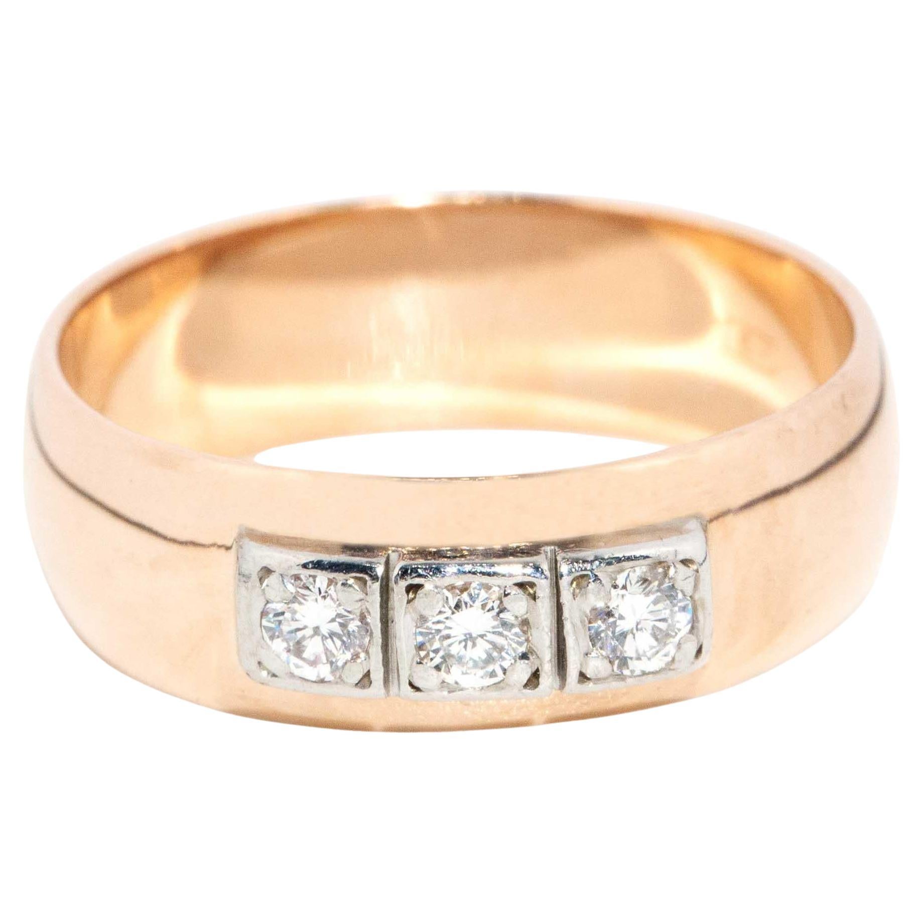 Vintage Circa 1980s Diamond Three Stone Band 14 Carat Gold