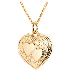 Vintage circa 1980s Double Heart Patterned Locket & Chain 9 Carat Yellow Gold