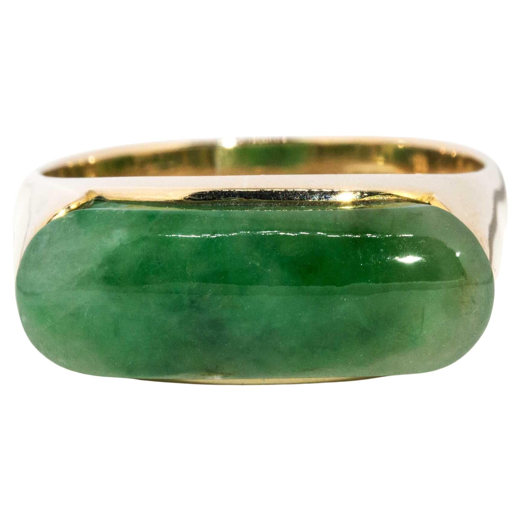 Vintage Circa 1980s Elongated Jade Cabochon Ring 14 Carat Yellow Gold