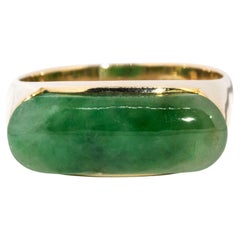 Vintage Circa 1980s Elongated Jade Cabochon Ring 14 Carat Yellow Gold