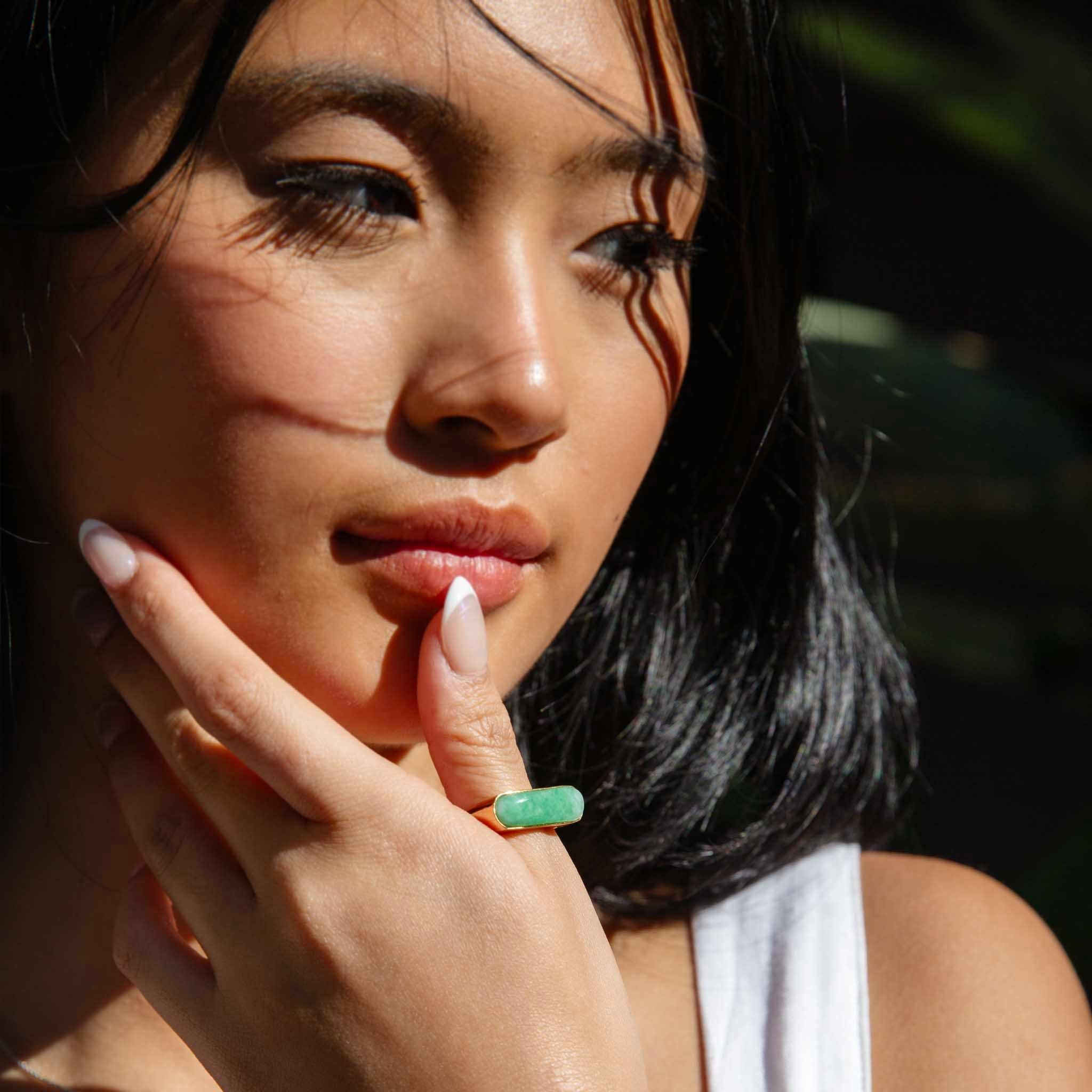 With simple lines and grand design, The Veronique Ring is a treasure to be discovered. Her creamy green jade cabochon is set horizontally adding a touch of whimsy to her simplicity. A stylish addition to any discerning jewellery collection.

The