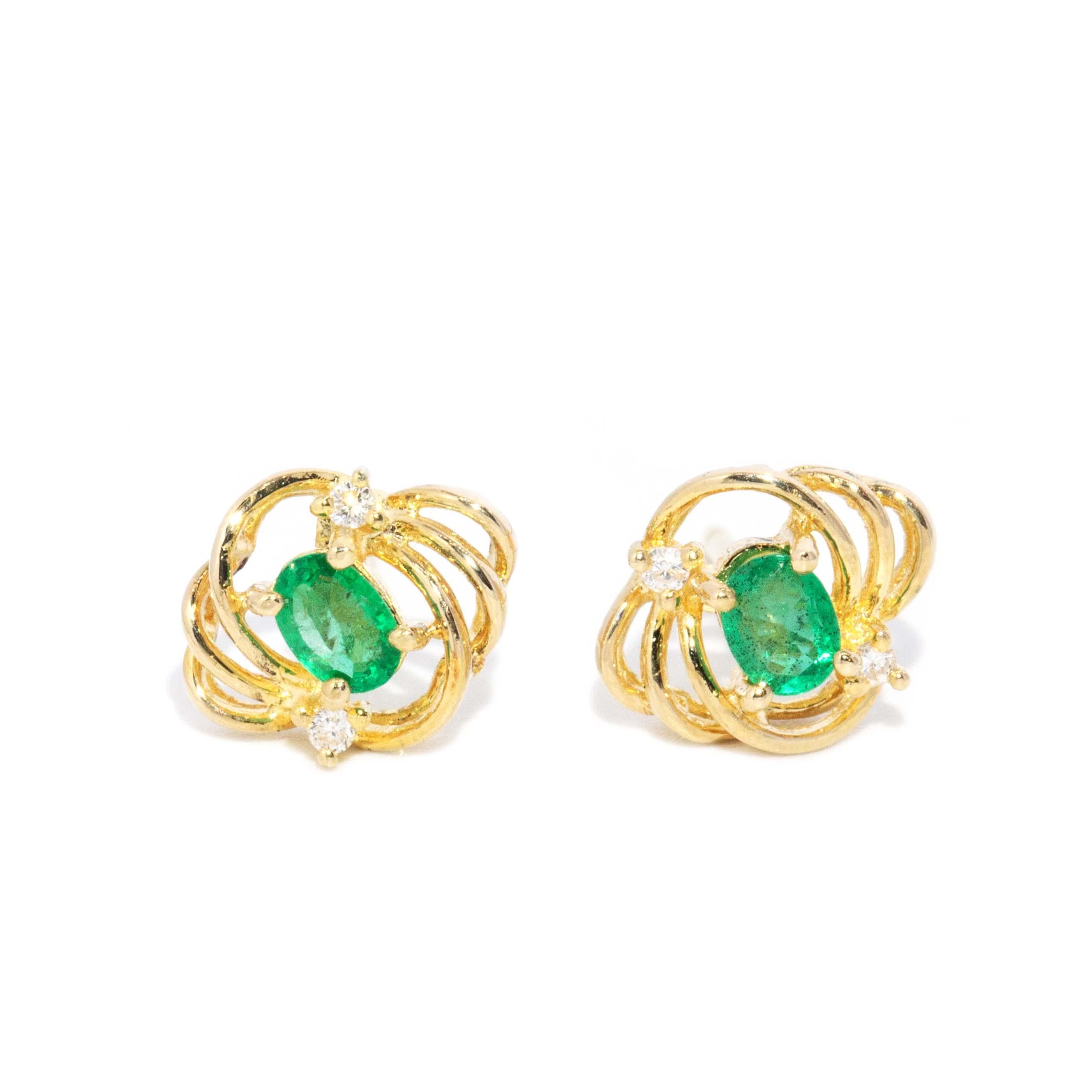 Modern Vintage Circa 1980s Emerald & Diamond Studs 18 Carat Gold For Sale