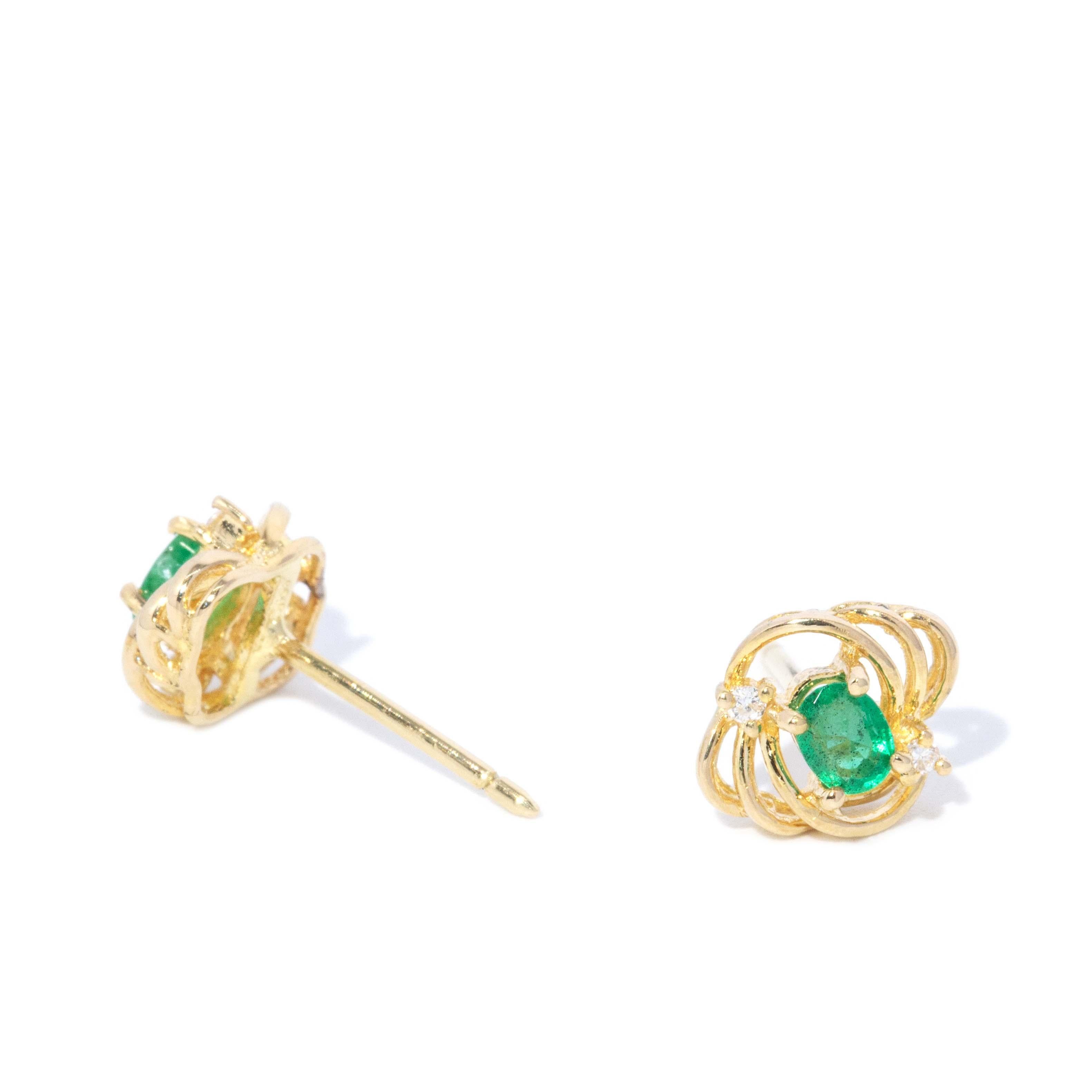 Oval Cut Vintage Circa 1980s Emerald & Diamond Studs 18 Carat Gold For Sale