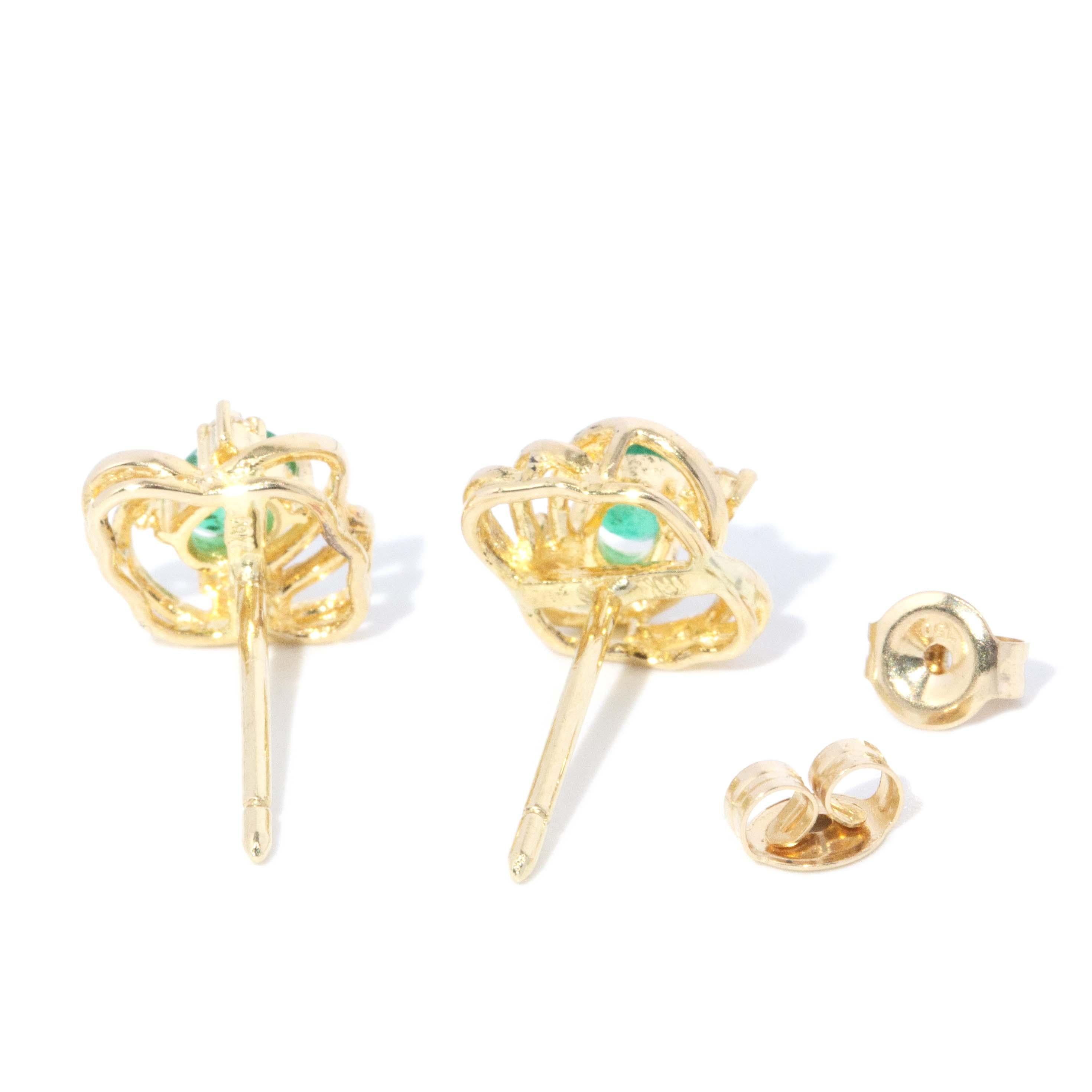 Women's Vintage Circa 1980s Emerald & Diamond Studs 18 Carat Gold For Sale