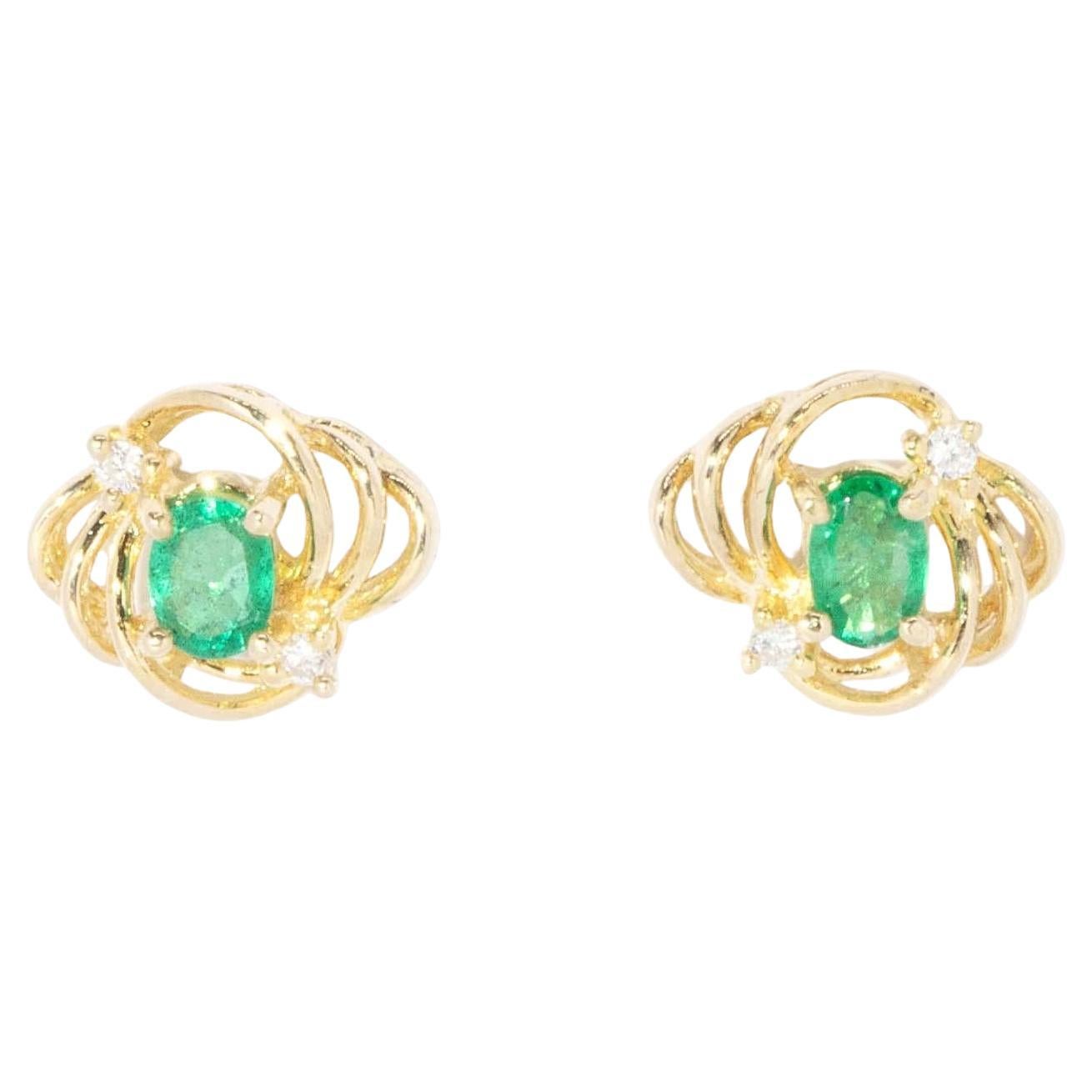 Vintage Circa 1980s Emerald & Diamond Studs 18 Carat Gold For Sale