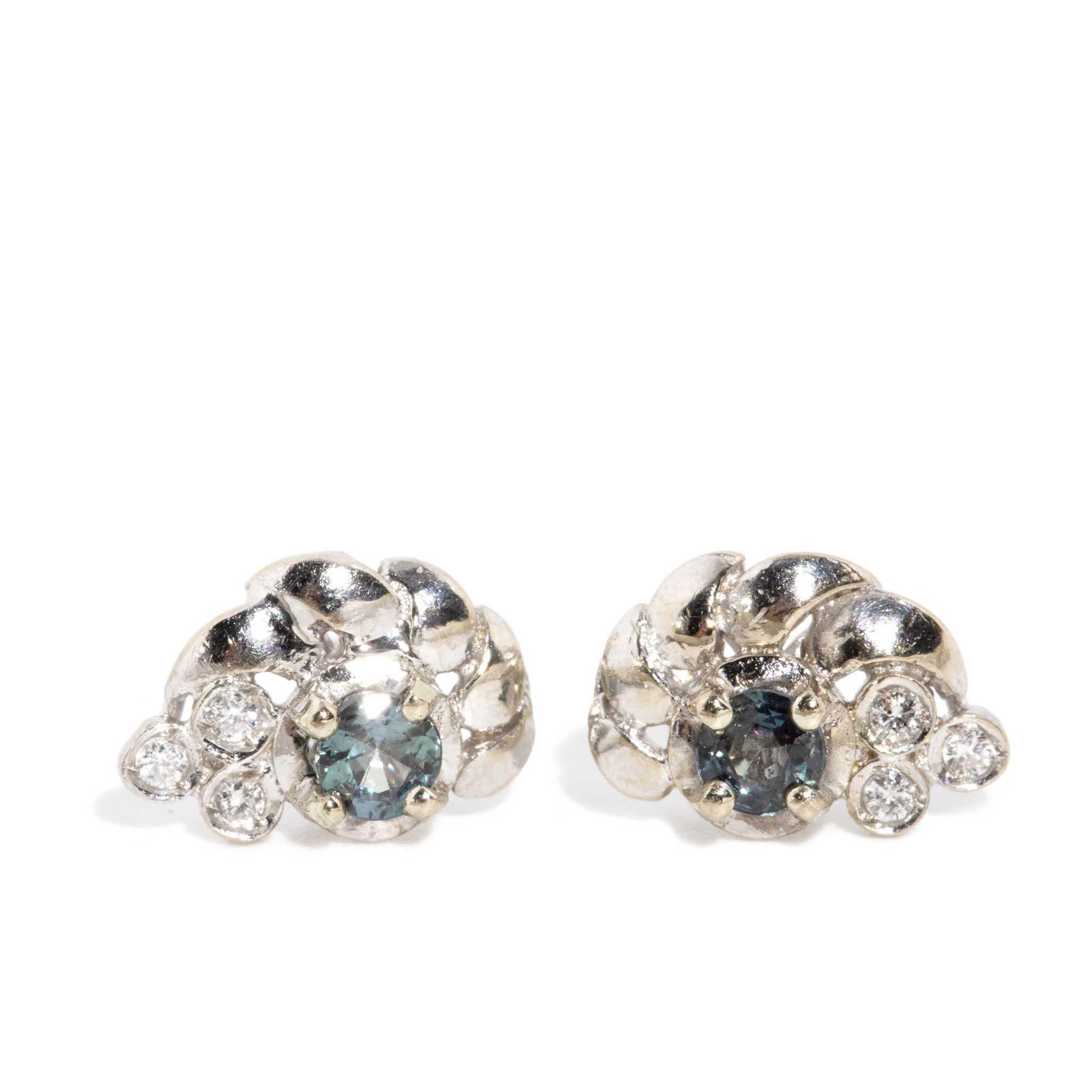 Modern Vintage Circa 1980s Green Red Alexandrite & Diamond Studs 18 Carat White Gold For Sale