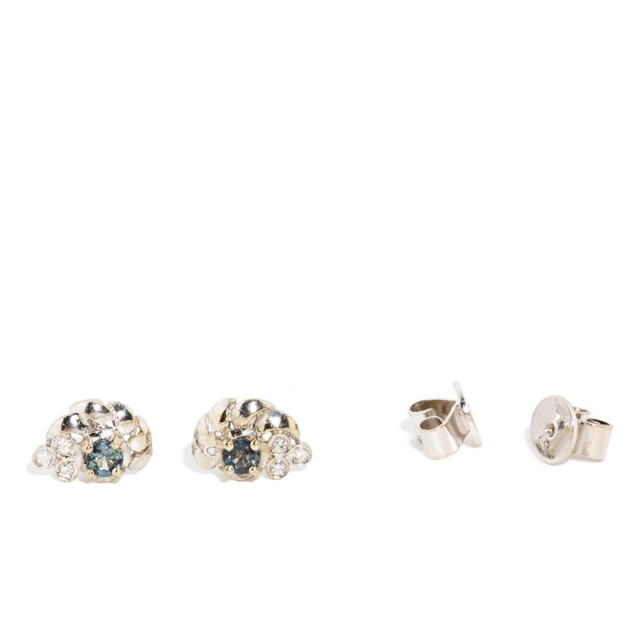 Brilliant Cut Vintage Circa 1980s Green Red Alexandrite & Diamond Studs 18 Carat White Gold For Sale