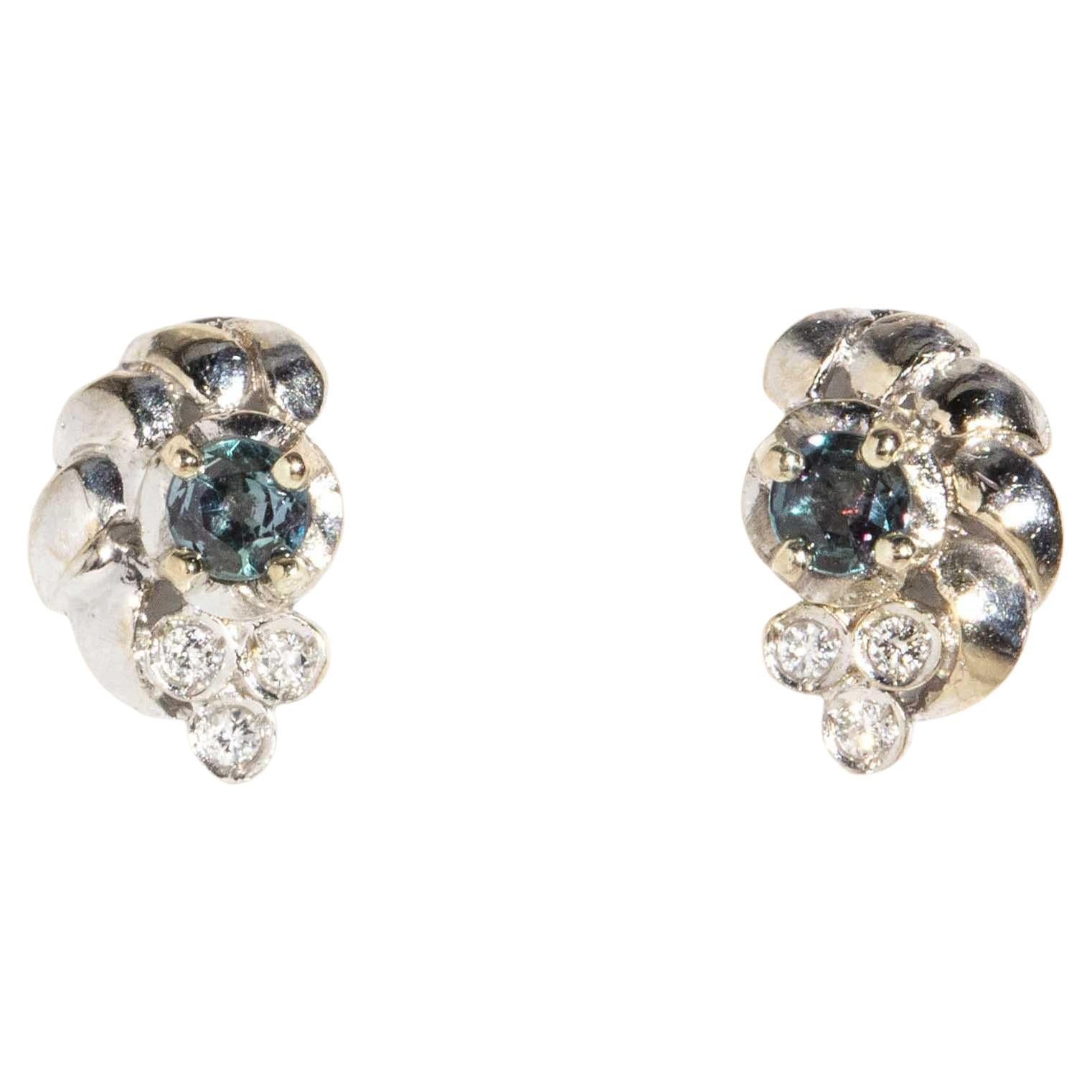 Vintage Circa 1980s Green Red Alexandrite & Diamond Studs 18 Carat White Gold