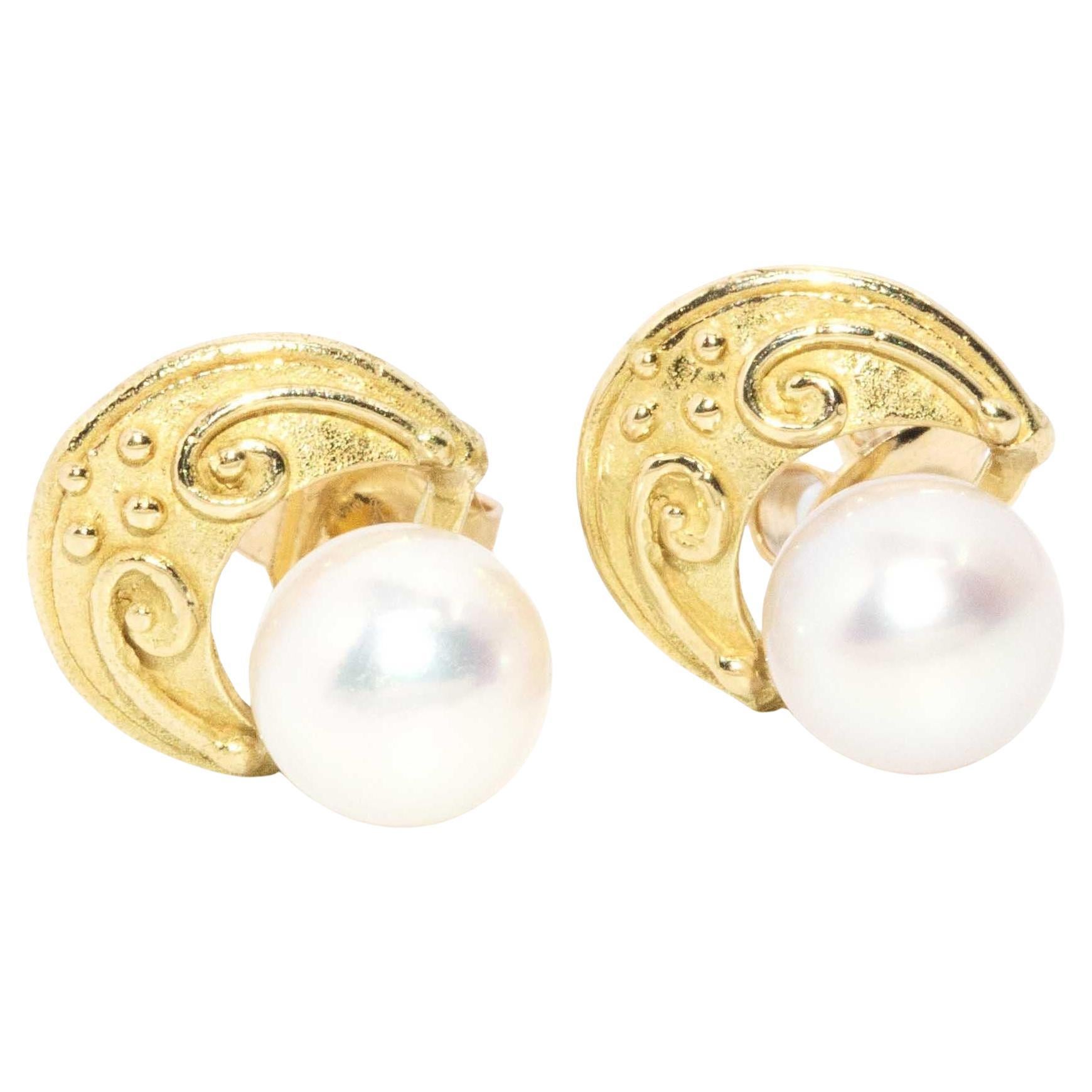 Vintage Circa 1980s Half Moon Pearl Stud Earrings 18 Carat Gold For Sale