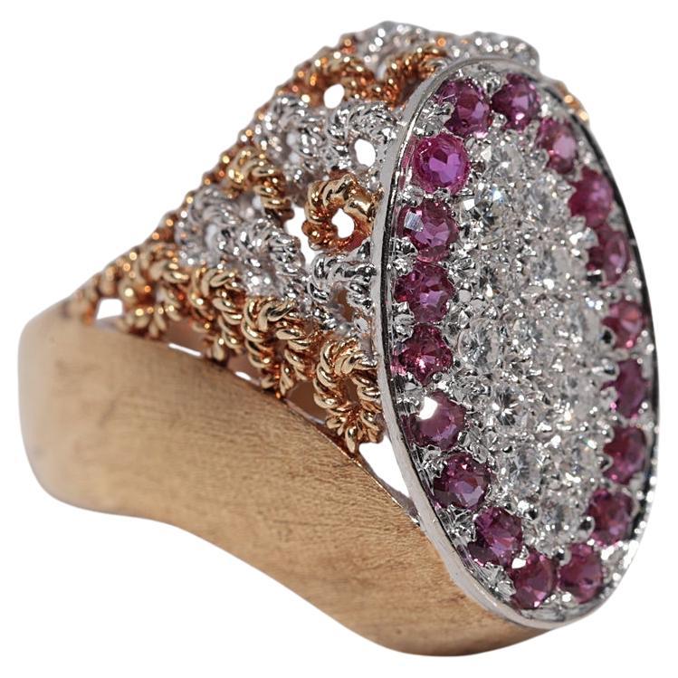 Vintage Circa 1980s Handcrafted 14k Gold Natural Diamond and Ruby Filigree Ring (Bague filigranée en or naturel avec diamants et rubis)