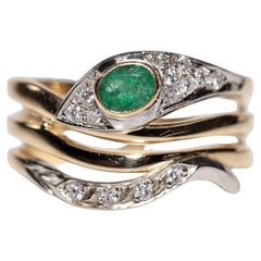Vintage Circa años 1980 Hecho a mano  Anillo serpiente de oro de 18k con diamante natural y esmeralda