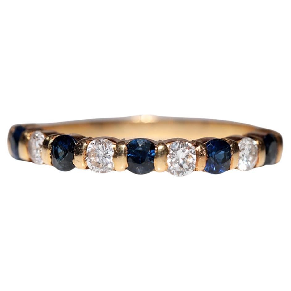 Anillo vintage artesanal de oro de 18 quilates con zafiro y diamantes naturales de la década de 1980 en venta