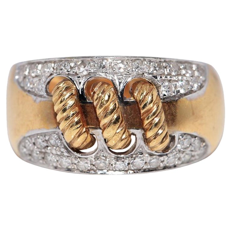 Handgefertigter 18k Gold natürlicher Diamant-Dekorierter Tank-Ring, Vintage, ca. 1980er Jahre