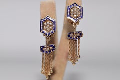Vintage Circa 1980s Handcrafted 18k Gold Natural Diamond Enamel Drop Earring