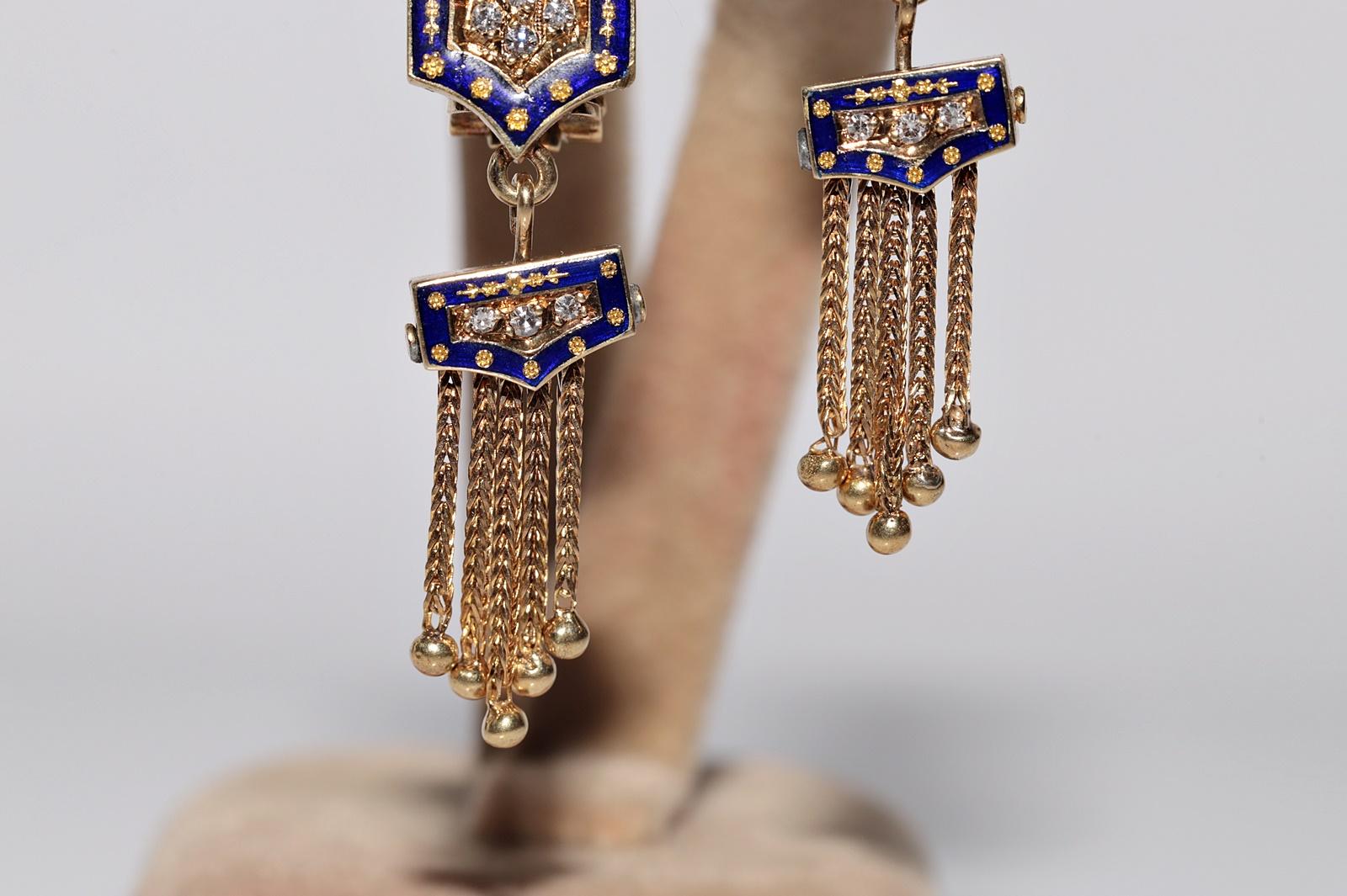 Vintage Circa 1980er Jahre Handgefertigter 18k Gold natürlicher Diamant-Emaille-Tropfen-Ohrring (Retro) im Angebot