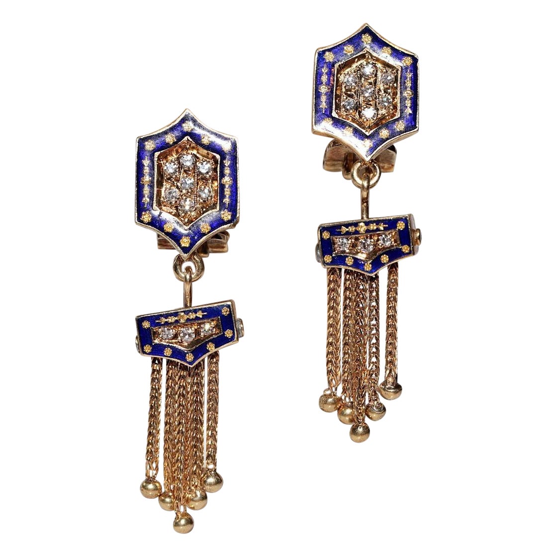 Orecchino a goccia in oro 18k con diamante naturale e smalto, vintage, circa anni '80, realizzato a mano