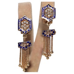 Vintage Circa 1980s Handcrafted 18k Gold Natural Diamond Enamel Drop Earring