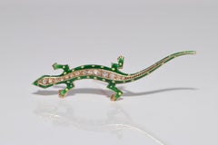 Vintage Circa 1980s Handcrafted Natural Rose Cut Diamond Enamel Lizard Brooch