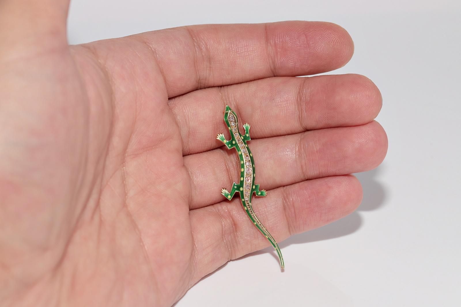 Spilla a forma di lucertola con diamante e smalto naturale tagliato a rosa, vintage, circa anni '80, realizzata a mano In condizioni buone in vendita a Fatih/İstanbul, 34