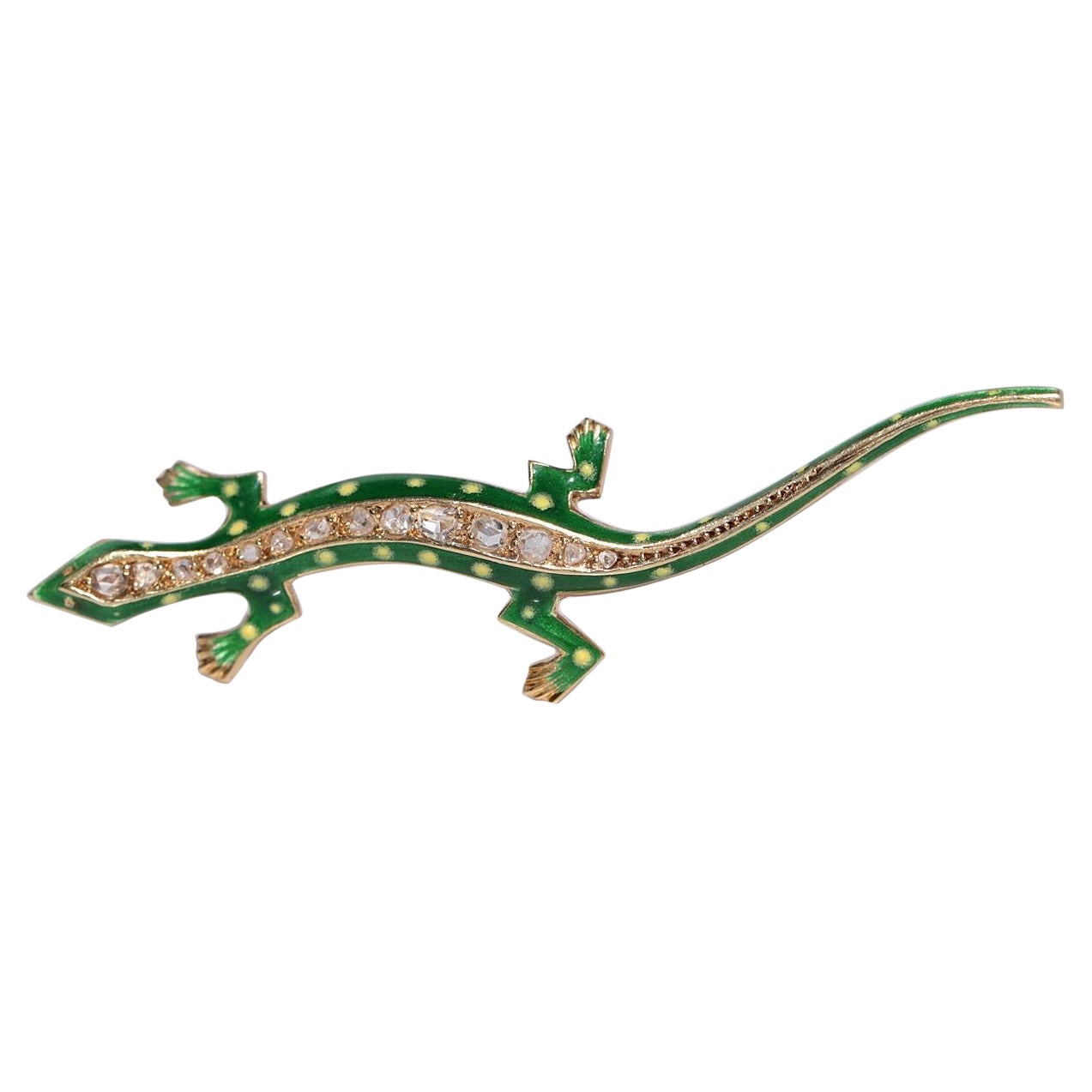 Vintage Circa 1980er Jahre Handgefertigte Eidechsenbrosche aus Emaille mit natürlichem Diamanten im Rosenschliff im Angebot
