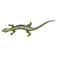 Vintage Circa 1980s Handcrafted Natural Rose Cut Diamond Enamel Lizard Brooch