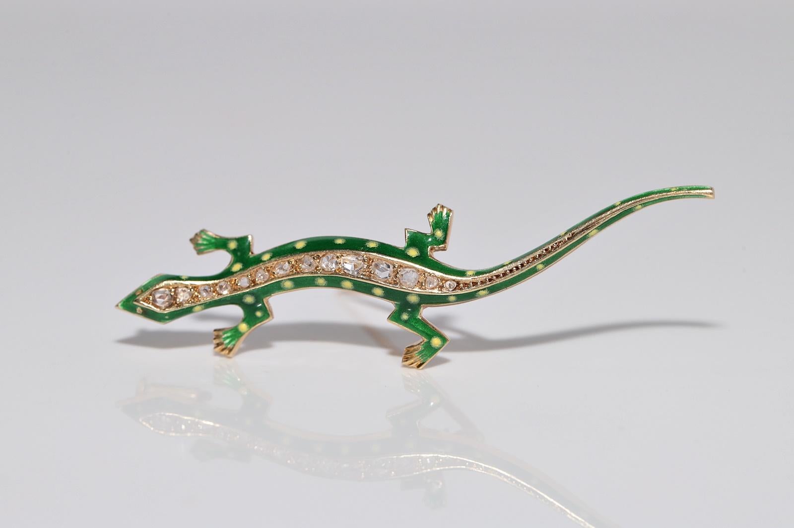 Vintage Circa 1980s Broche de lagarto esmaltado con diamantes talla rosa natural hecho a mano