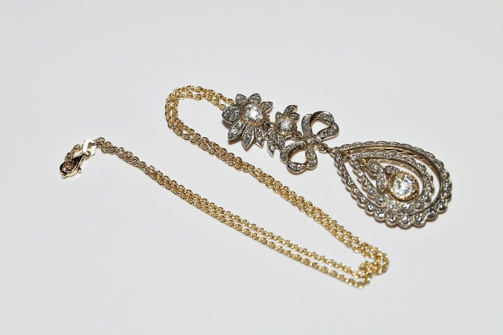 Vintage Circa 1980s 14k Gold Handmade Natural Diamond Decorated Pendant Necklace For Sale 6