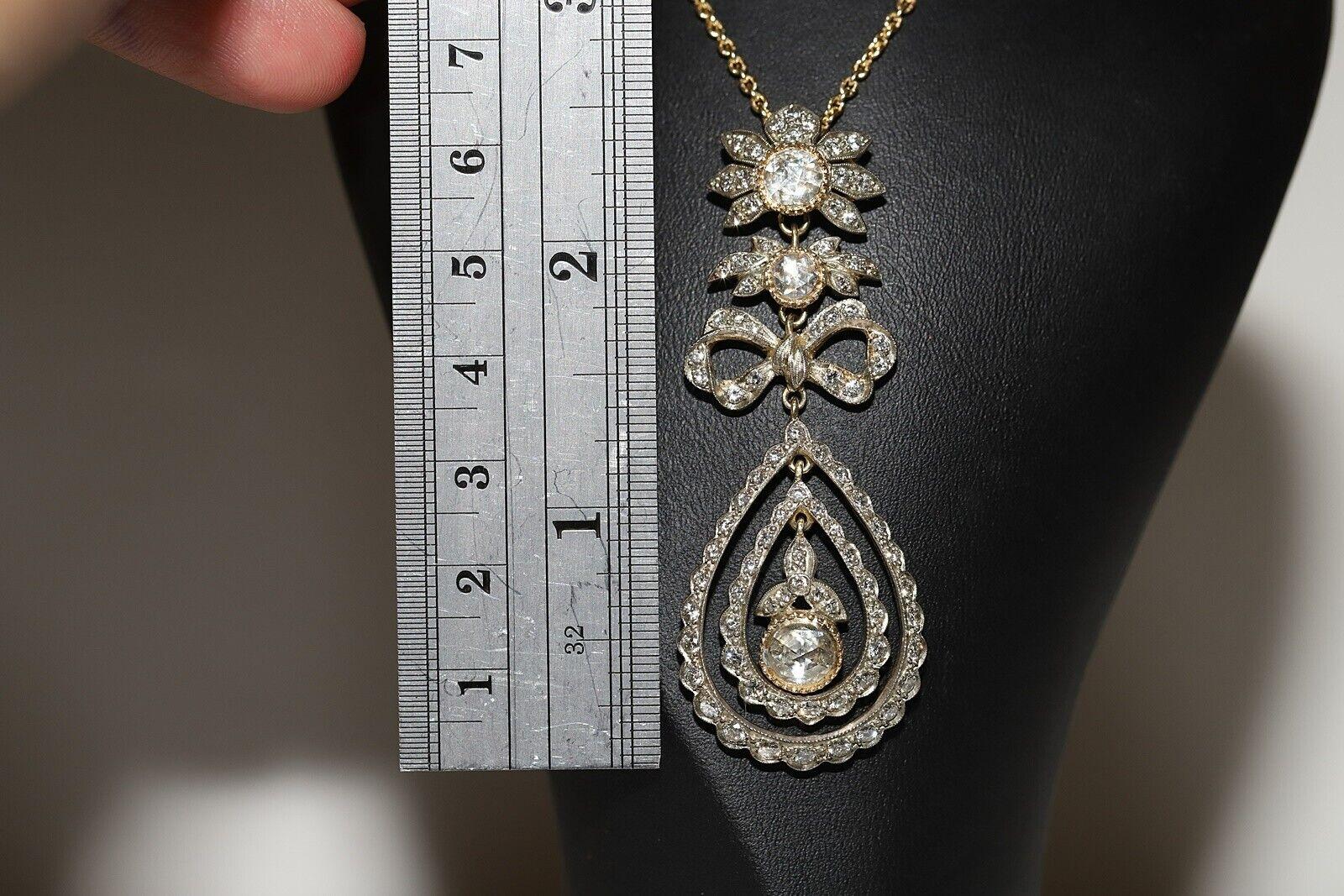In very good condition.
Total weight is 18.5 grams.
Totally is brilliant cut diamond 1 carat.
Totally is rose cut diamond totally 1.30 carat.
The diamond is has G-H color and vs-s1-s2 clarity.
Total chain lenght is 45 cm.
Please contact for any