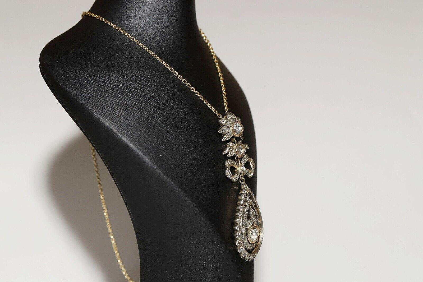 Retro Vintage Circa 1980s 14k Gold Handmade Natural Diamond Decorated Pendant Necklace For Sale