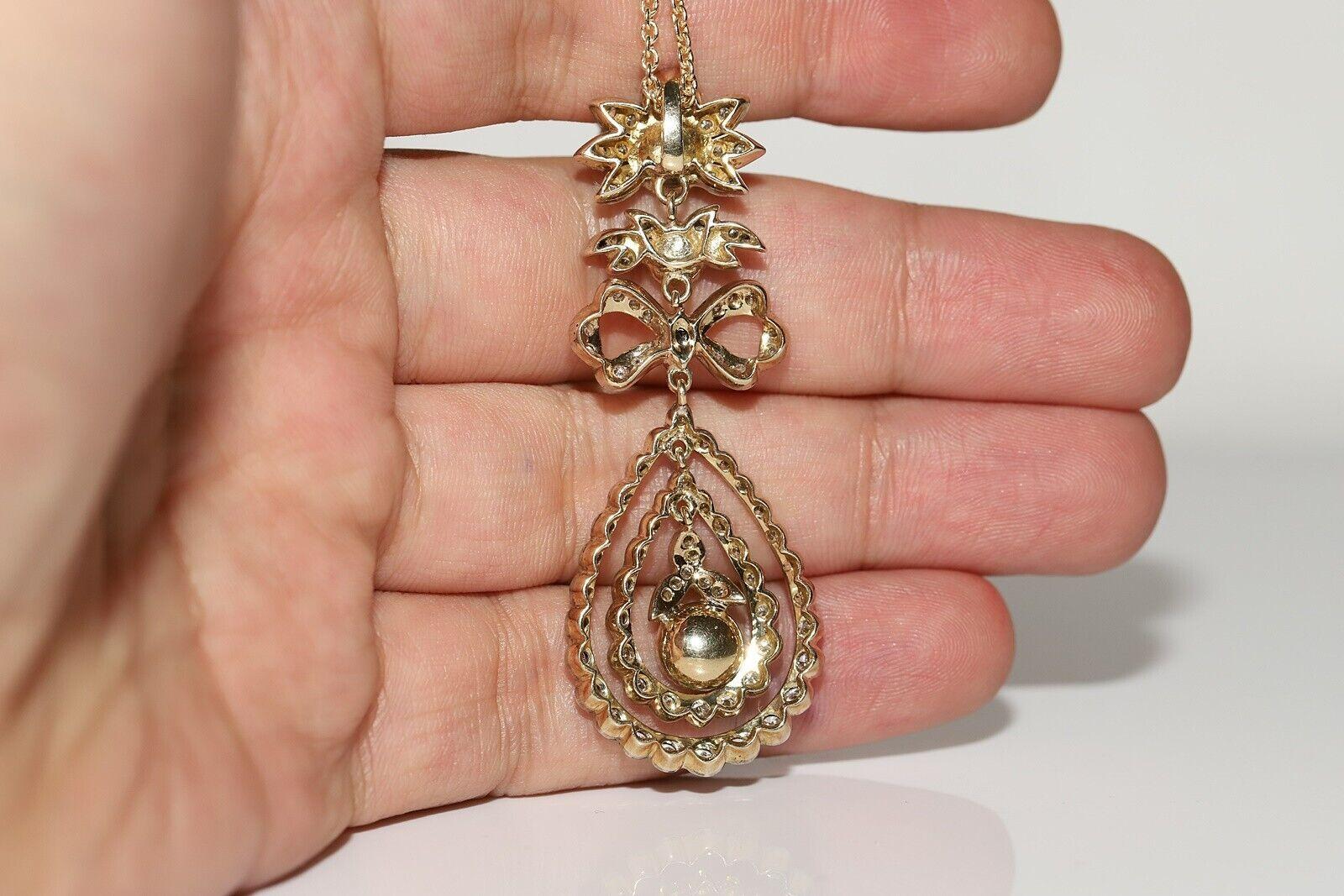 Vintage Circa 1980s 14k Gold Handmade Natural Diamond Decorated Pendant Necklace For Sale 2