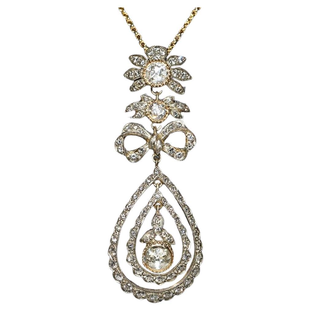 Vintage Circa 1980s 14k Gold Handmade Natural Diamond Decorated Pendant Necklace