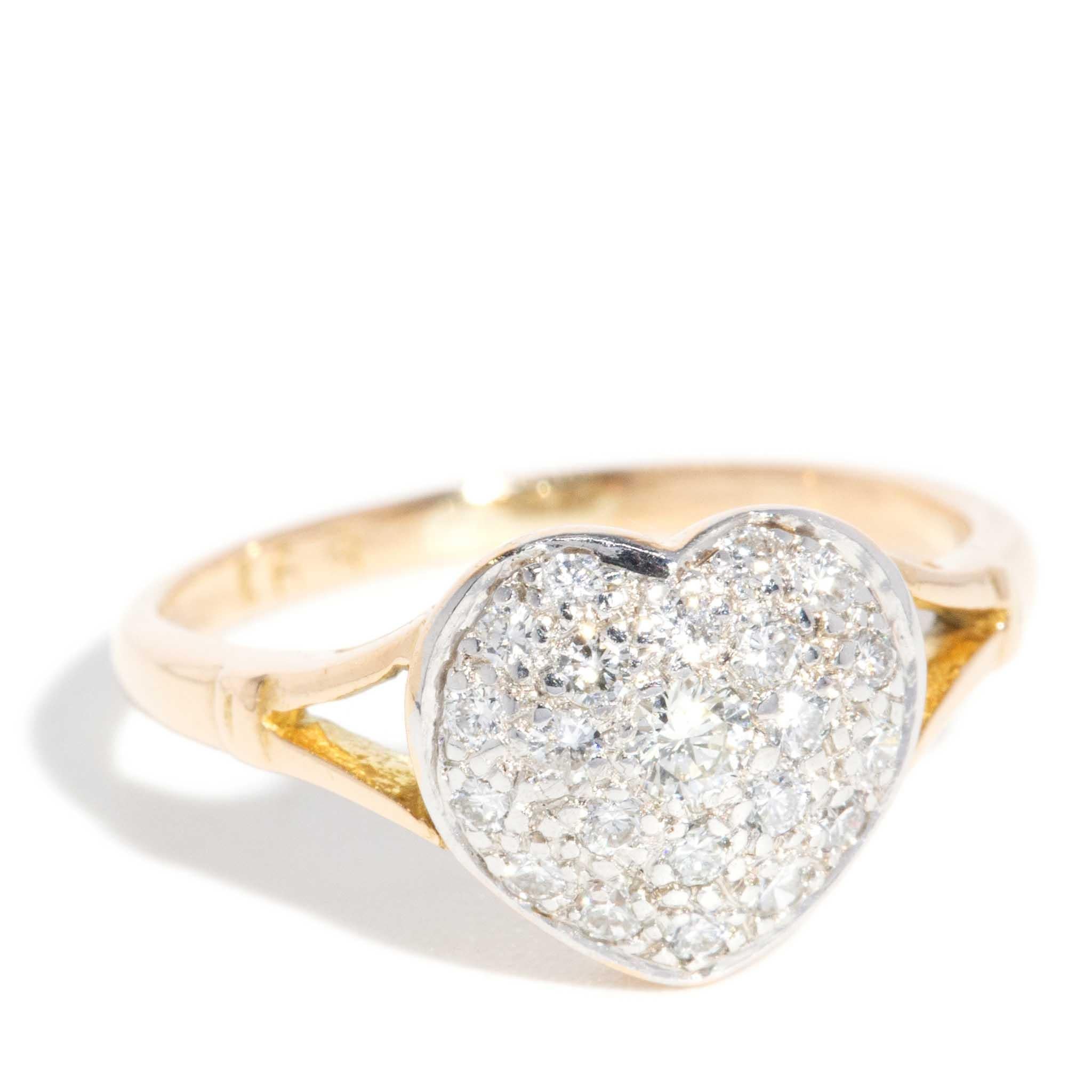 Vintage Circa 1980s Heart Diamond Ring 18 Carat Yellow & White Gold In Good Condition In Hamilton, AU