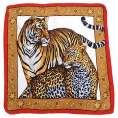 Vintage Circa 1980s Leopard & Tiger Motif Silk Scarf