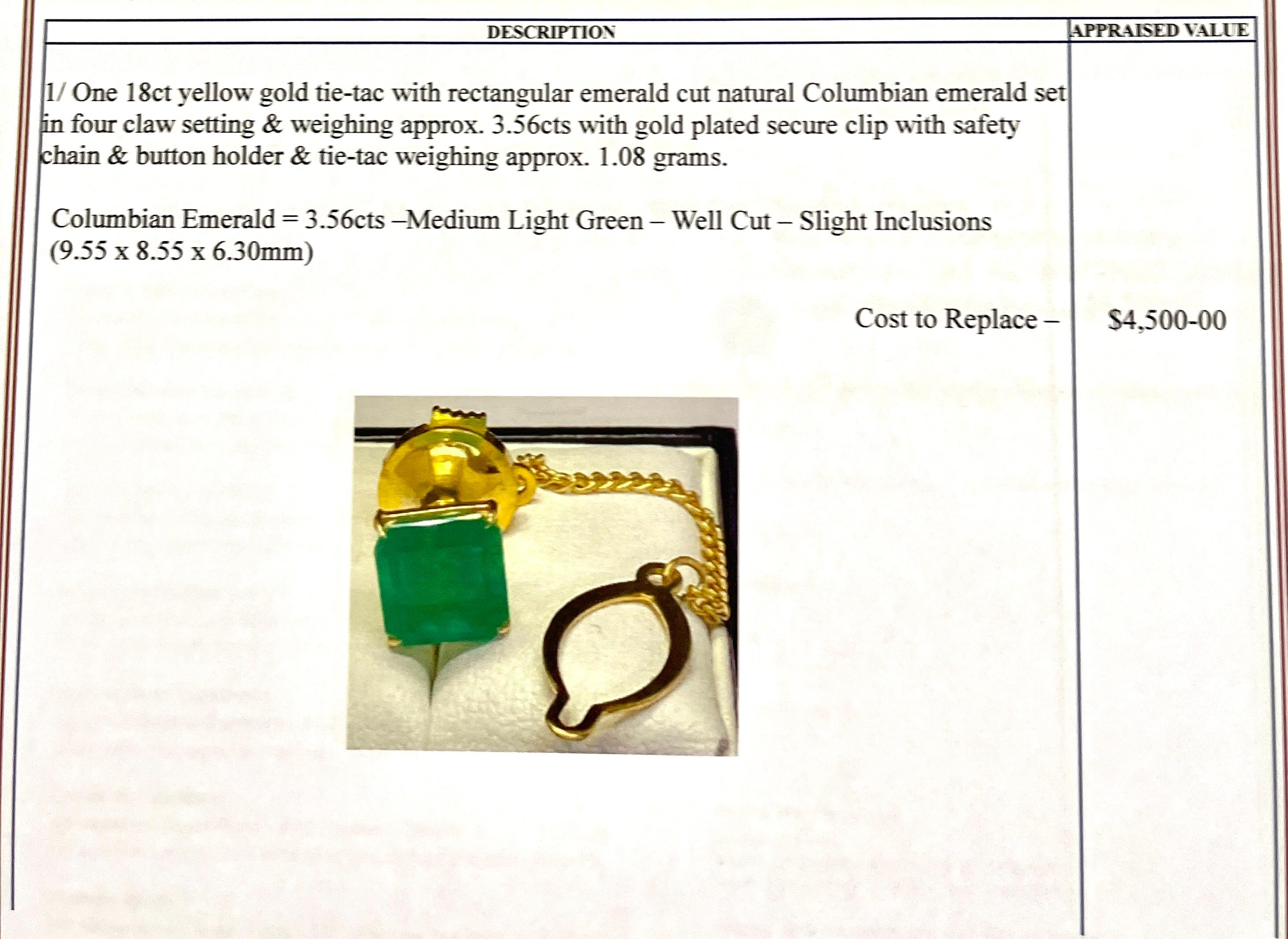 Vintage Circa 1980er Jahre natürlicher kolumbianischer Smaragd Krawattennadel 18ct Gelbgold Valuation im Zustand „Gut“ im Angebot in Mona Vale, NSW