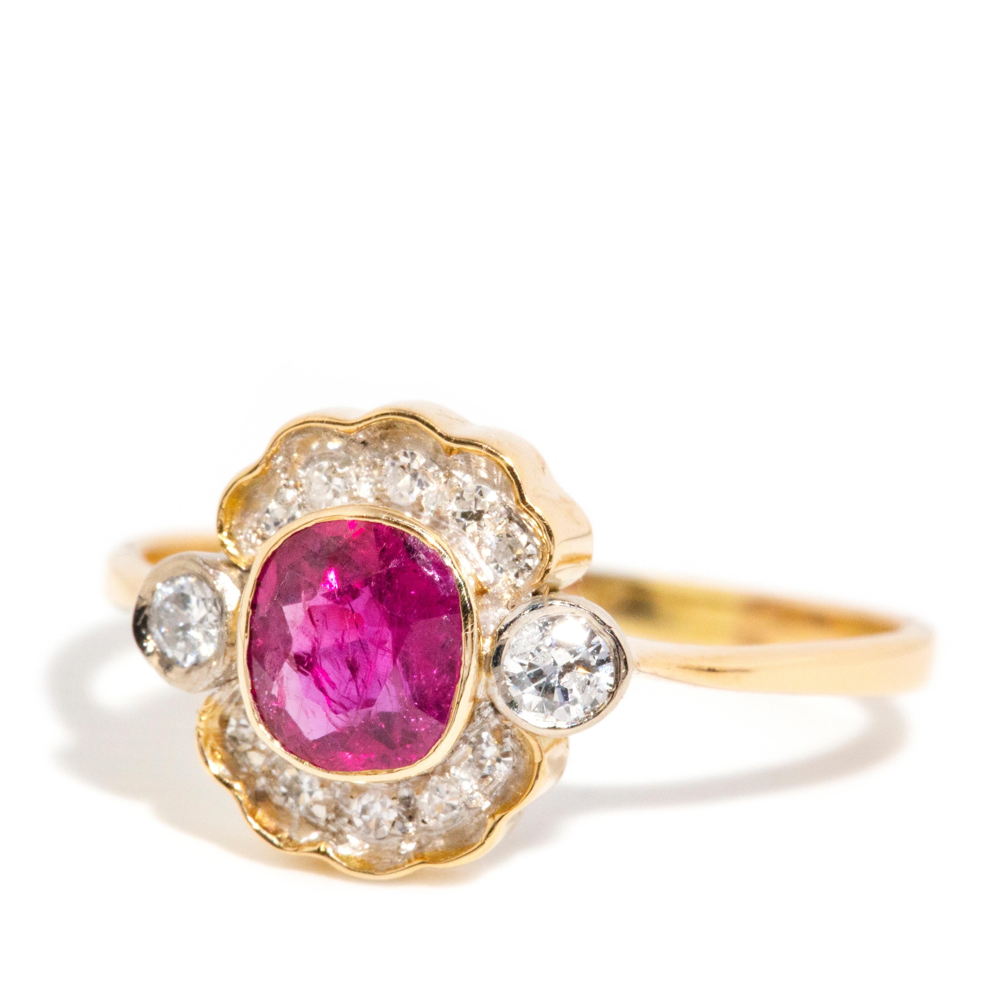 Vintage Circa 1980s Natural Cushion Cut Ruby & Diamond 18 Carat Gold Yellow Ring In Good Condition In Hamilton, AU