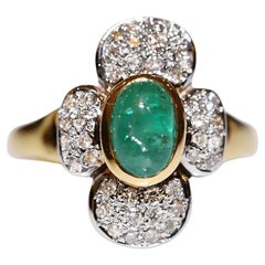 Anello forte in oro 18 carati con diamante naturale e smeraldo cabochon, CIRCA ANNI '80