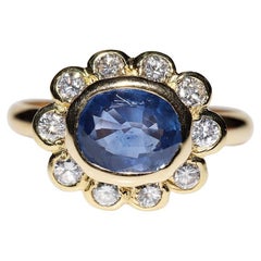 Vintage Circa 18k Gold 1980s Natural Diamond And Sapphire Decorated Strong Ring
