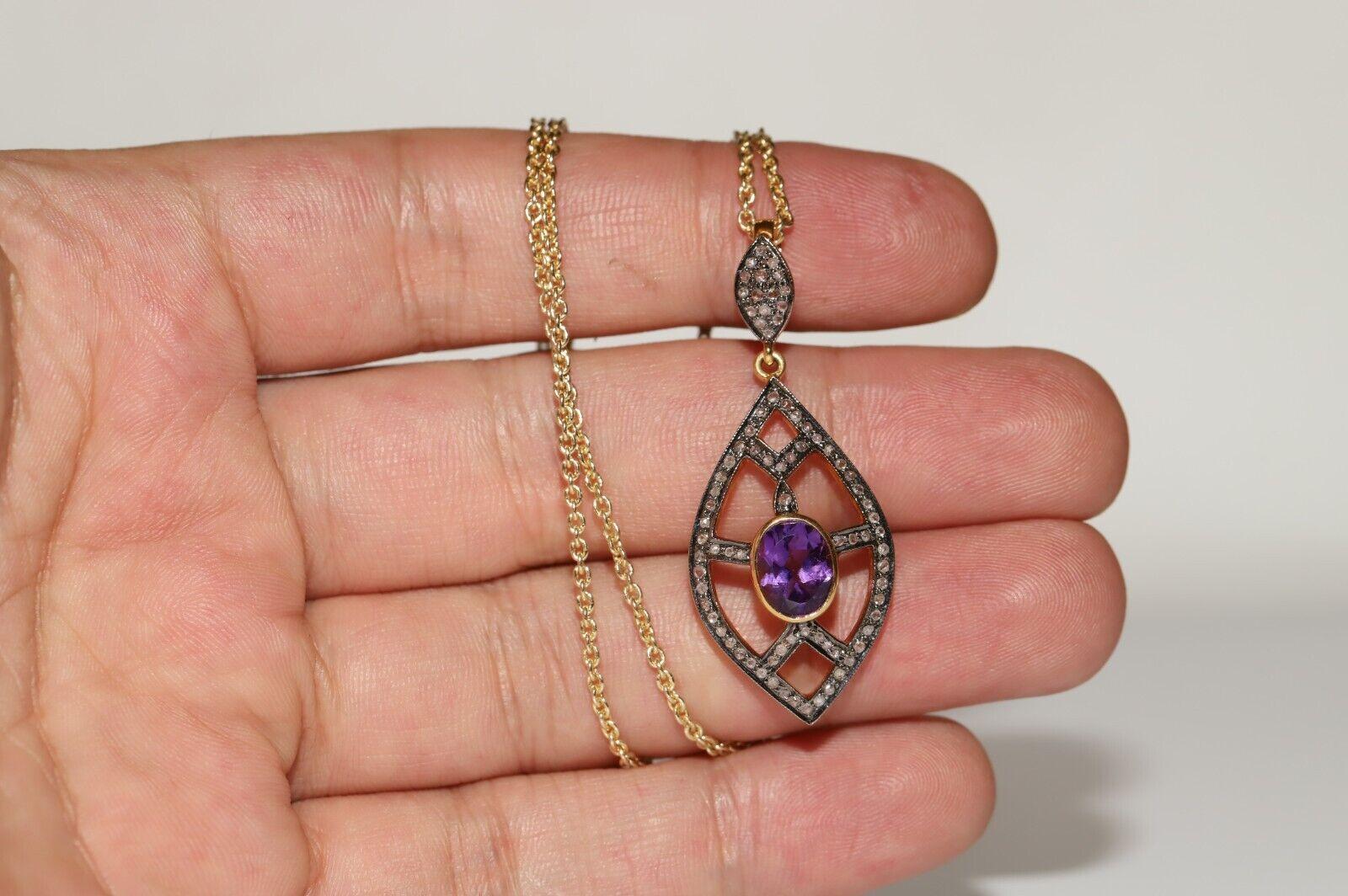Vintage 14k Gold Circa 1980s Natural Rose Cut Diamond And Amethyst  Necklace For Sale 6