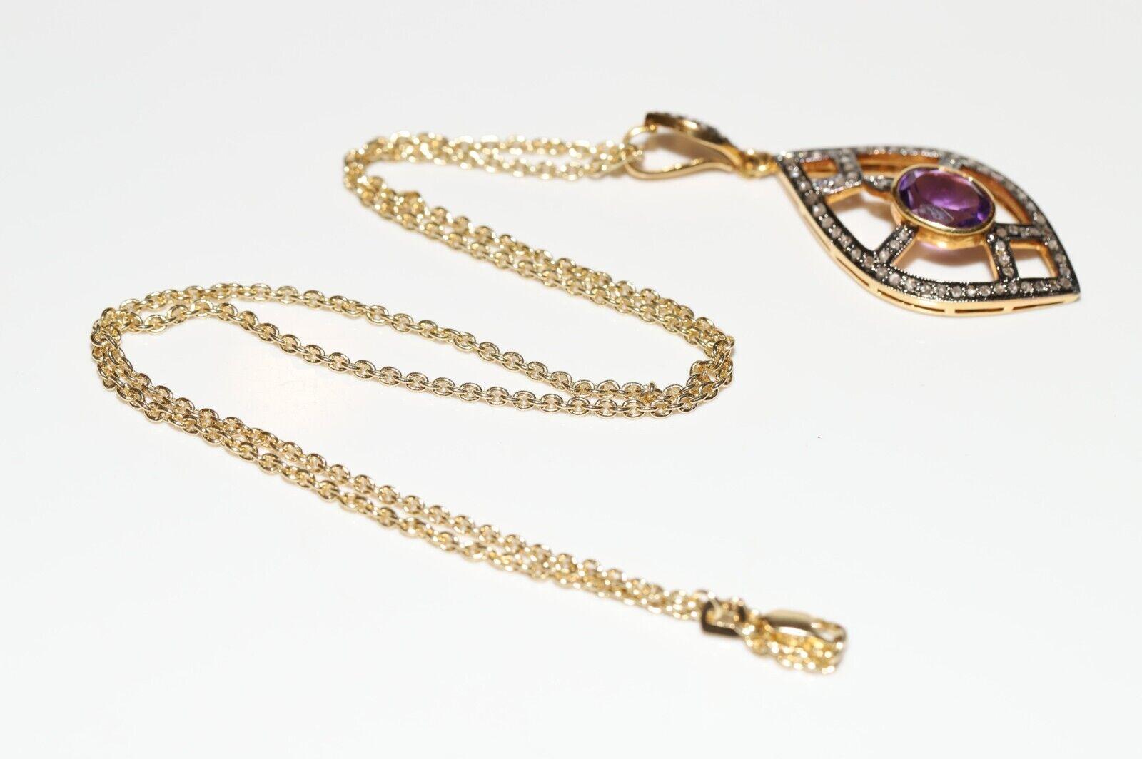 Vintage 14k Gold Circa 1980s Natural Rose Cut Diamond And Amethyst  Necklace For Sale 8