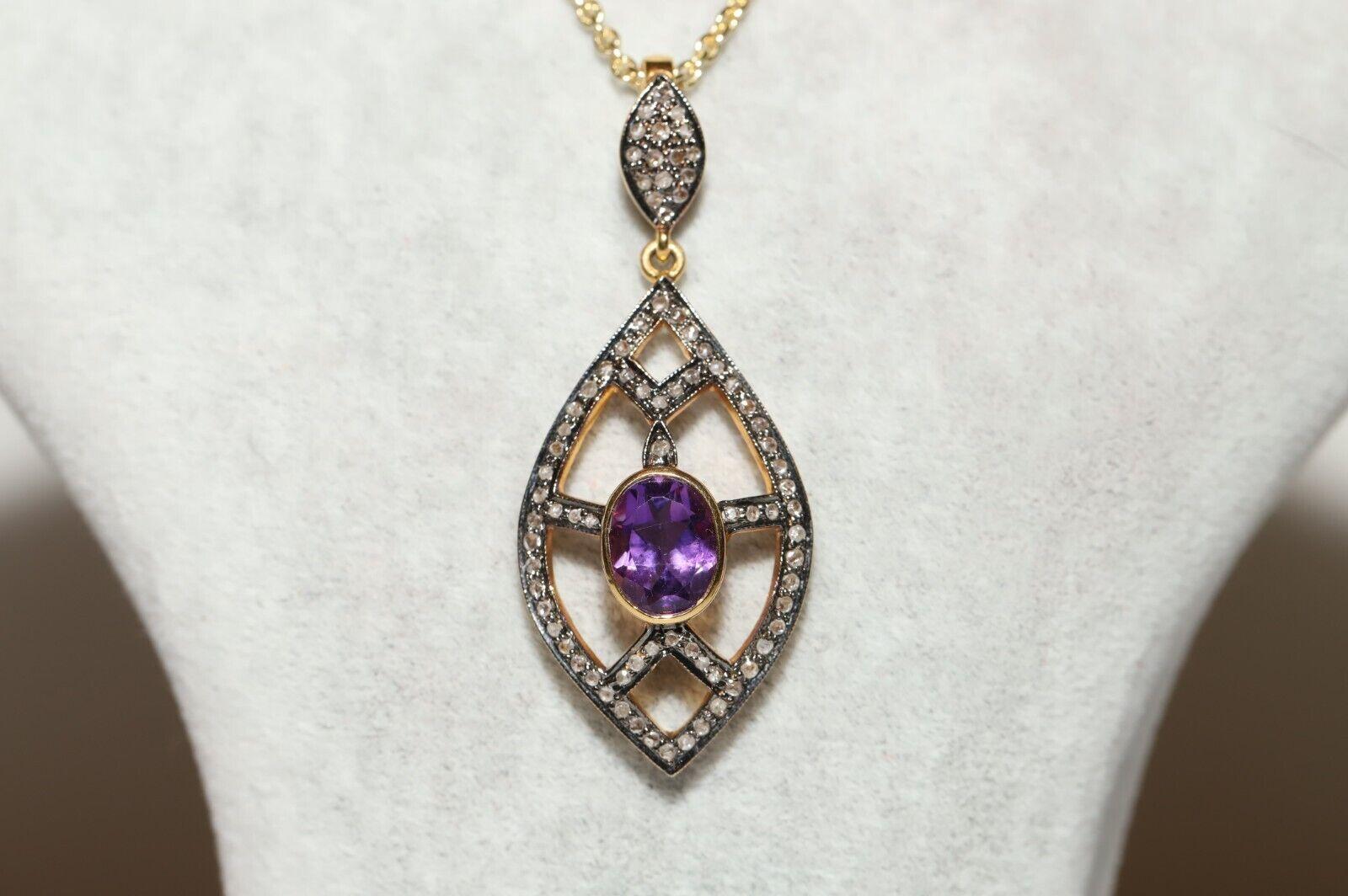 Vintage 14k Gold Circa 1980s Natural Rose Cut Diamond And Amethyst  Necklace For Sale 9