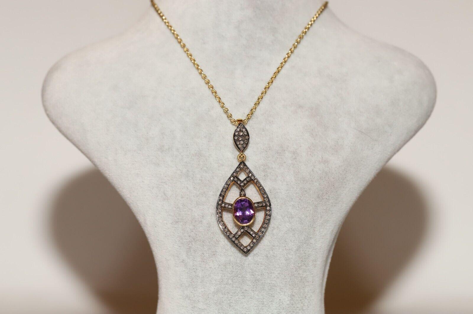 In very good condition.
Total weight is 9.7 grams.
Totally is Rose Cut Diamond is about 0.70 carat.
Totally is Amethyst  about 1.50 carat.
Totally lenght is chain 45 cm.
Please contact for any questions.

