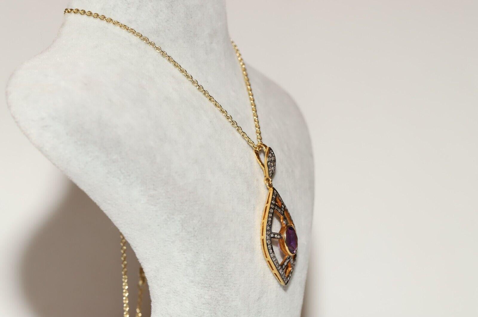 Retro Vintage 14k Gold Circa 1980s Natural Rose Cut Diamond And Amethyst  Necklace For Sale