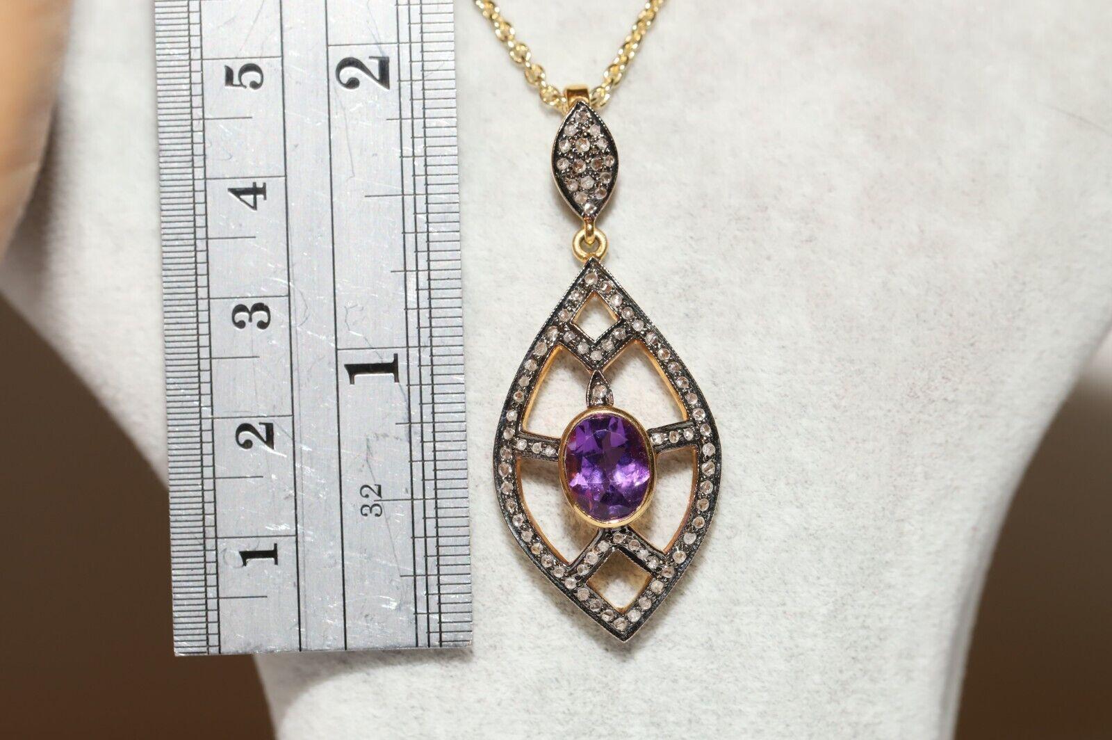 Vintage 14k Gold Circa 1980s Natural Rose Cut Diamond And Amethyst  Necklace In Good Condition For Sale In Fatih/İstanbul, 34