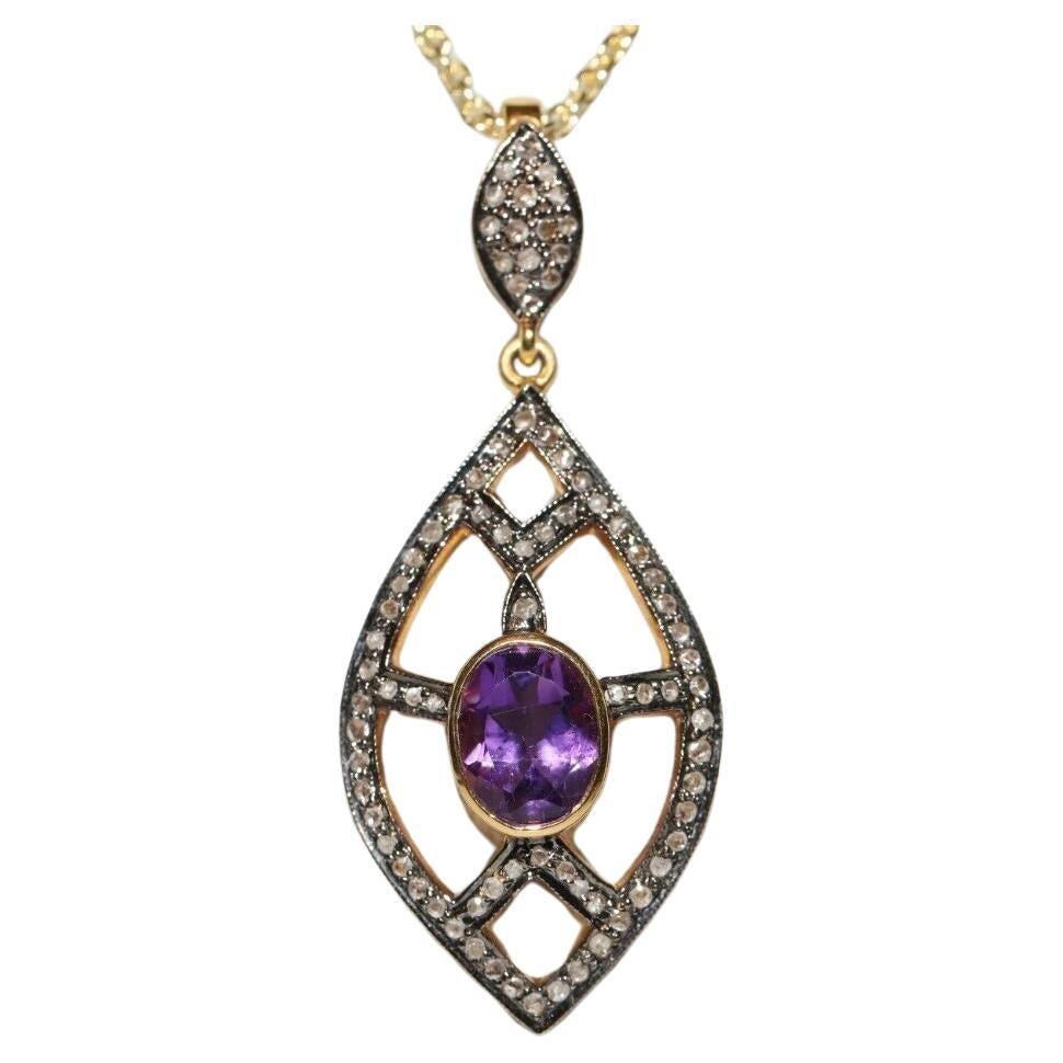 Vintage 14k Gold Circa 1980s Natural Rose Cut Diamond And Amethyst  Necklace For Sale