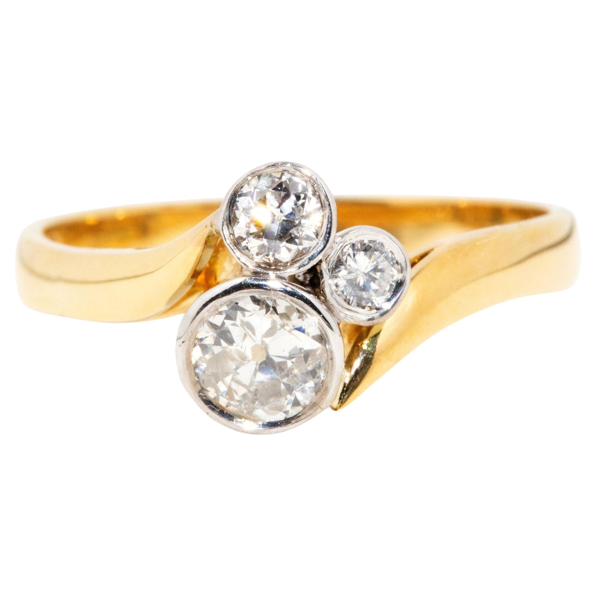 18 Karat Gelbgold Crossover-Ring mit Diamant im alteuropäischen Schliff, ca. 1980er Jahre