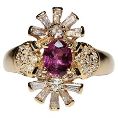 Vintage Circa 1980s Original 18k Gold Natural Diamond And Ruby Navette Ring