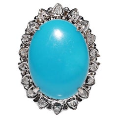 Vintage Circa 1980s Original 18k Gold Natural Diamond And Turquoise Ring