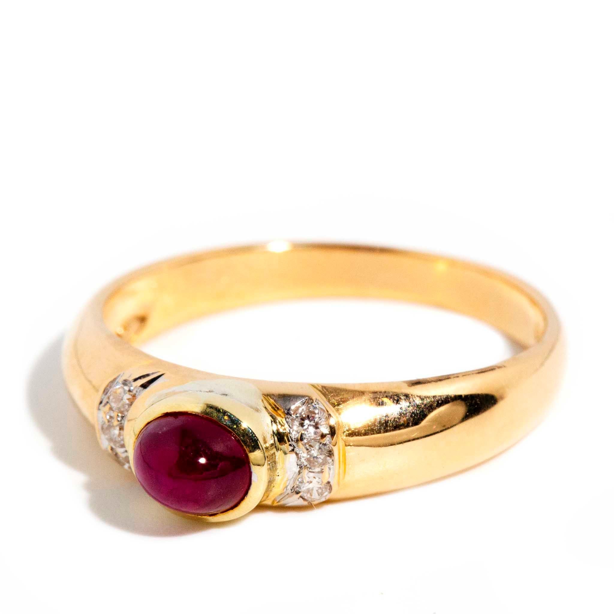 Modern Vintage Circa 1980s Oval Ruby Cabochon & Diamond Ring 18 Carat Yellow Gold For Sale