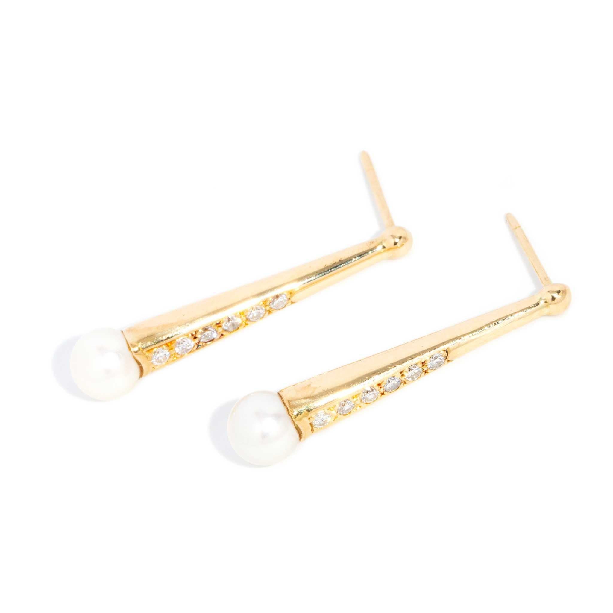 De las mujeres Pendientes Vintage Circa 1980 Perla Diamante Oro Amarillo 18 Quilates en venta